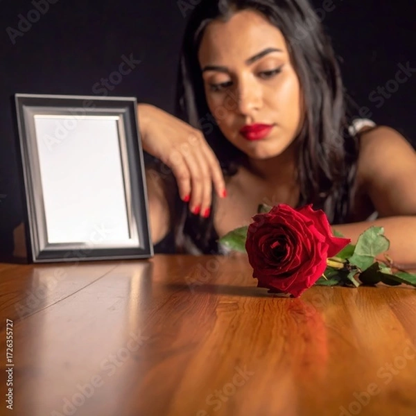 Obraz Woman With Red Rose and Mirror on Wooden Table in Soft Light