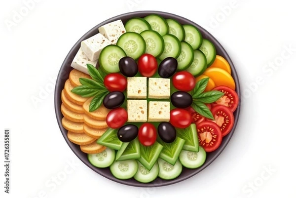 Fototapeta Fresh mediterranean mezze platter with feta cheese and olives isolated on white background