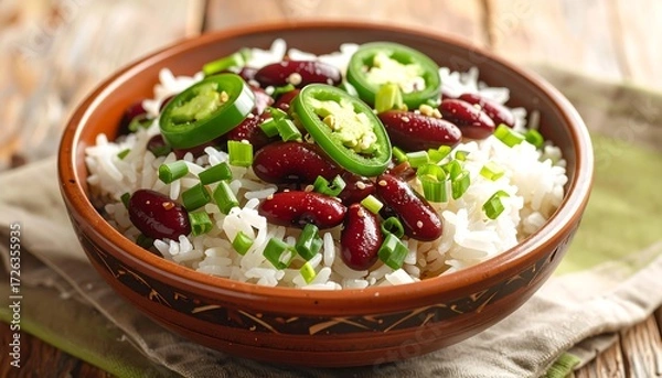 Fototapeta Rice and kidney beans with jalapenos