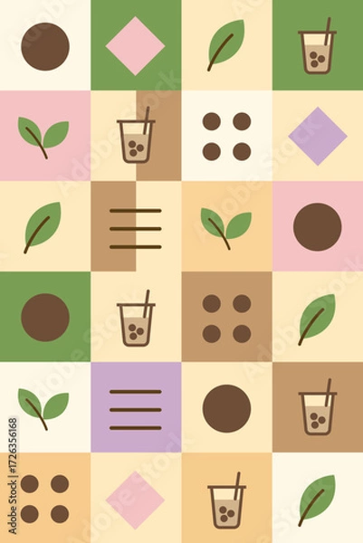 Fototapeta Boba Tea Pattern. Minimalist Flat Design Bubble Tea Drink and Green Tea Pattern Background. Milk Tea Seamless Pattern.