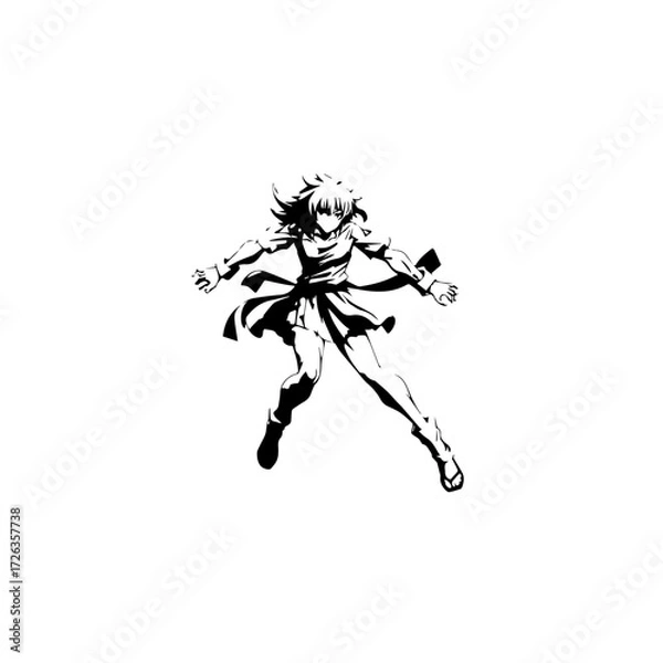 Fototapeta Black and white hot anime character line art illustration, stylish minimal outline drawing in clean style