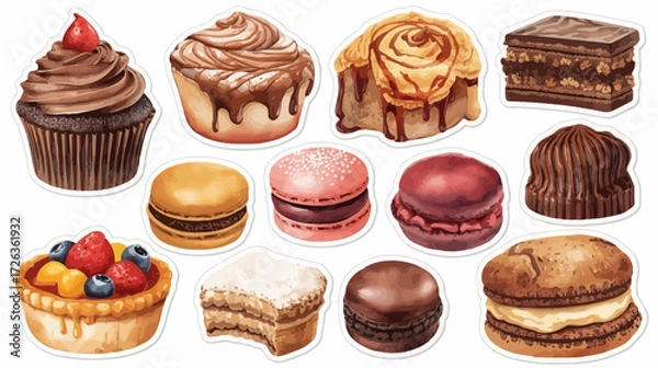 Fototapeta Assorted pastries and desserts including cupcakes, macarons, and tarts.