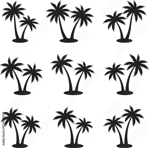 Fototapeta Palm Tree Silhouette Set: A collection of nine elegant palm tree silhouettes, a perfect symbol of tropical vacations and summery adventures. Evoking a sense of relaxation and the exotic.