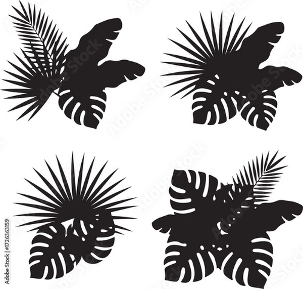 Fototapeta Tropical Foliage Silhouette Composition: A collection of four distinct silhouetted compositions showcases the intricate elegance of various tropical leaves, forming a visually appealing pattern. 