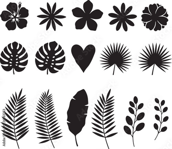 Fototapeta Floral Silhouette Collection: A collection of various flower and leaf silhouettes, offering a diverse set of botanical elements suitable for design.