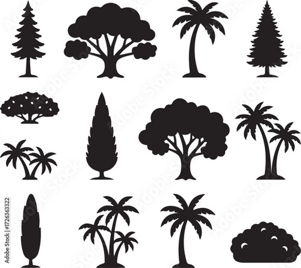 Fototapeta Silhouette of Varied Trees: A collection of detailed silhouettes, highlighting the distinct shapes of different trees, perfect for illustrating nature, landscape design, or environmental themes.