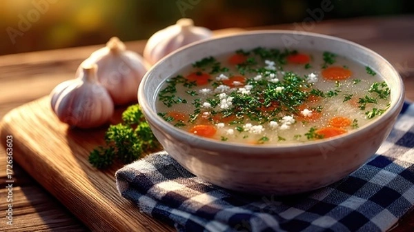 Fototapeta Warm Broth Bowl with Fresh Herbs and Vegetables on Wood