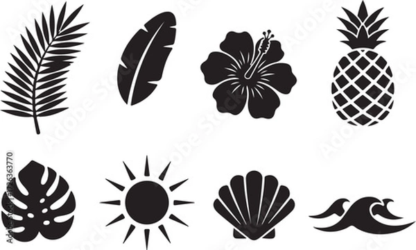 Fototapeta Tropical Delights: A collection of simple silhouette illustrations featuring tropical plants and elements. These graphics are ideal for adding a touch of paradise to your designs.
