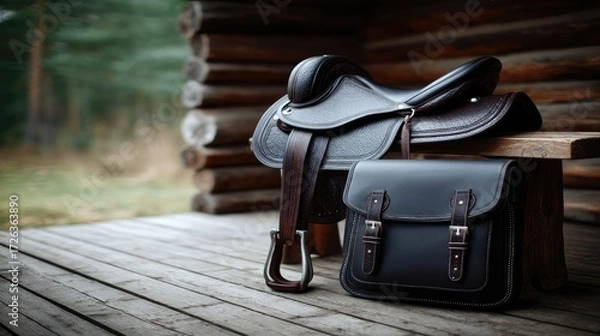 Fototapeta Vintage Leather Horse Saddle and Bag on Rustic Wooden Bench with Log Cabin Wall and Forest Background