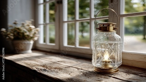Fototapeta Vintage Oil Lantern with Golden Accents on Wooden Window Sill in Natural Light with White Flowers