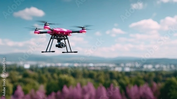 Fototapeta Vivid Pink Drone Soaring Above Lush Green Trees and Distant Urban Landscape Under a Bright Blue Sky Aerial Shot