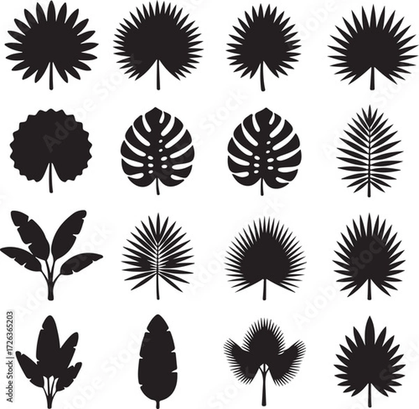 Fototapeta Tropical Leaf Silhouettes: A collection of detailed, vector-style silhouettes of diverse tropical leaves, showcasing a variety of shapes and textures to inspire.