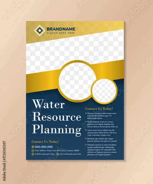 Fototapeta Blue World Water Resources Day Environmental Protection Poster. Water resources planning flyer template on vertical layout with space for photo collage. white and gold gradient on element