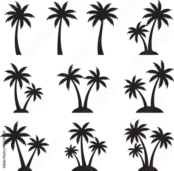 Fototapeta Palm Tree Silhouette Collection: A set of minimalistic silhouettes showcasing a variety of elegant palm tree forms, embodying the tranquility and visual appeal of tropical landscapes.