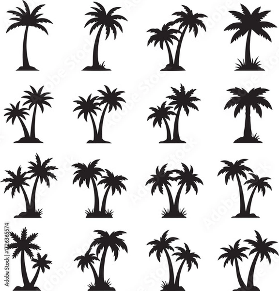 Fototapeta Tropical Tree Silhouette: A collection of varied black tropical tree silhouettes, showcasing diverse shapes and styles, each hinting at the essence of a warm, sunny paradise