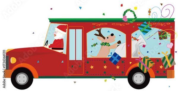 Fototapeta クリスマスにサンタクロースとトナカイがバスでパレードをしているイラスト素材です。