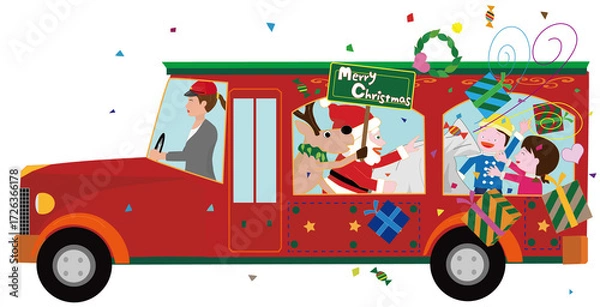 Fototapeta クリスマスにサンタクロースとトナカイがバスでパレードをしているイラスト素材です。