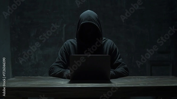 Fototapeta Anonymous hacker coding with a laptop in a dark room on a wooden table