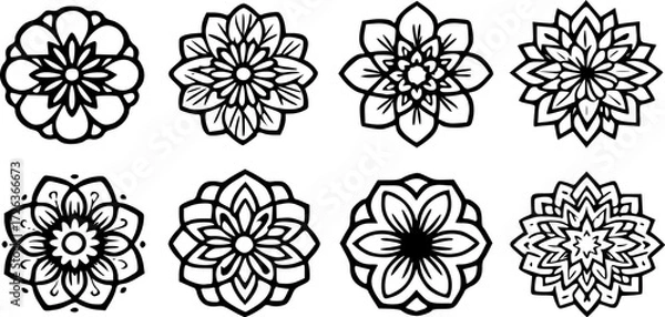 Fototapeta Intricate Black and White Floral Mandala Design | Symmetrical Mehndi-Inspired Art | Detailed Geometric Patterns for Coloring Books and Tattoos