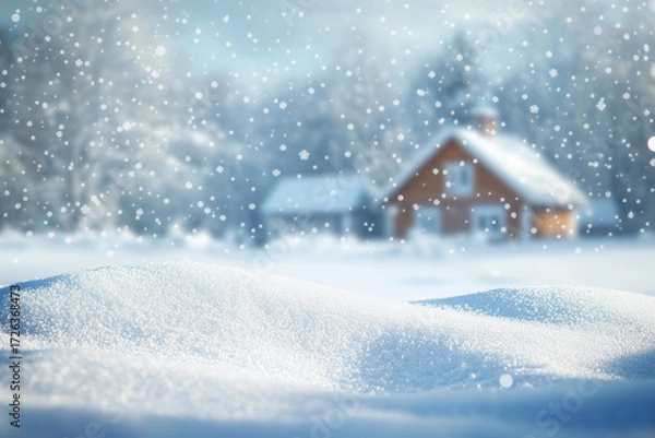 Obraz Serene Winter Landscape with Falling Snowflakes and Blurred Snowy House, Blank Space for Text/Product Display