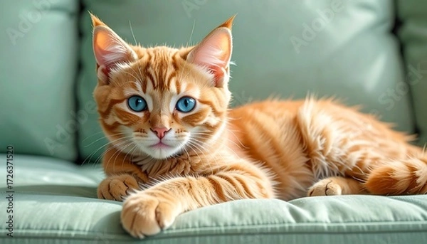 Fototapeta Cute orange fluffy cat rolling on green carpet, upright ears, bright blue eyes, close-up home setting.