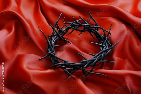 Fototapeta Crown of thorns resting on a red cloth draped with delicate folds and shadows