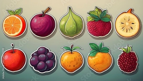 Fototapeta  fruit sticker set, clean and playful design, vibrant colors on light background, arranged beautifully.