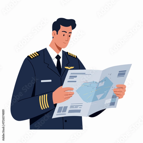 Fototapeta Male Pilot in Uniform Reviews Aviation Map for Flight Planning and Navigation, Professional Air Travel Preparation.