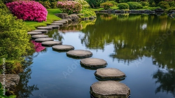 Fototapeta Serene stone path through a tranquil pond