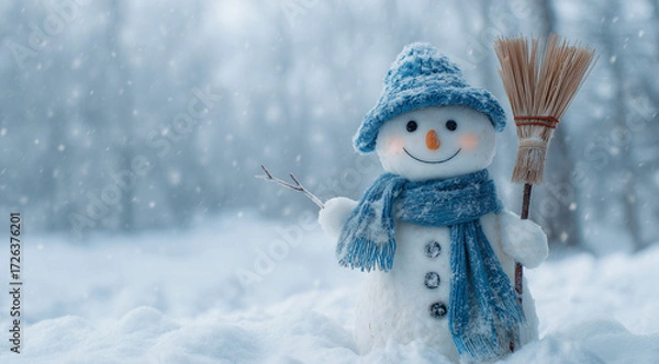 Obraz Ultra HD Christmas Background with Snowflakes, Pine Branches, Ornaments & Snowman, Elegant Festive Winter Scene for Commercial Use