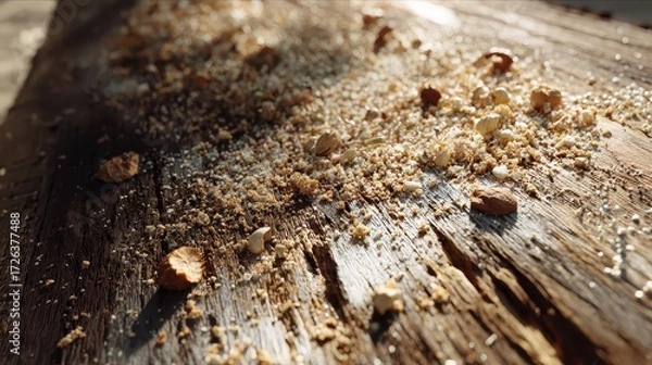 Fototapeta Rustic Breadcrumbs on Wooden Table Macro Texture