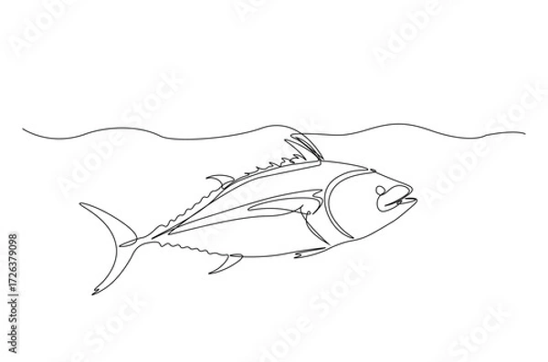 Fototapeta Tuna fish in continuous one line drawing. Single line art illustration of tuna fish. Editable vector.