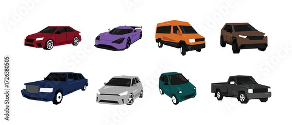 Obraz Flat vector set of colorful cars. Sedan, hyper, van, suv, limousine, hatchback, mini car, and pickup. Vector geometric illustration.