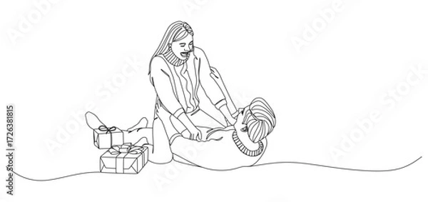 Fototapeta Minimalist continuous line drawing of a couple playing and laughing together on the floor with gift boxes beside them. The man is lying down while the woman is on top, holding his hands in a joyful