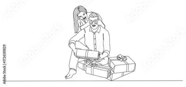 Fototapeta One line drawing of a couple celebrating Christmas, where the woman playfully covers the man’s eyes while surprising him with gift boxes. Minimalist continuous line art illustration symbolizing love