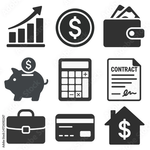 Fototapeta Set of finance icons including chart, dollar, wallet, piggy bank, calculator, contract, briefcase, credit card, and house symbol for money, business, and investment.