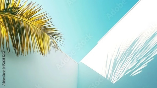Fototapeta Minimalist tropical with palm leaf, turquoise sky, and white modern building elements