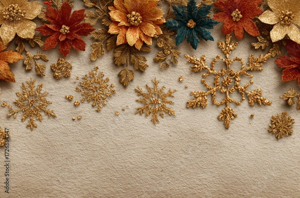 Obraz Luxury Gold Christmas Border with Snowflakes, Blank Spaces for Product Display, Festive Marketing Background