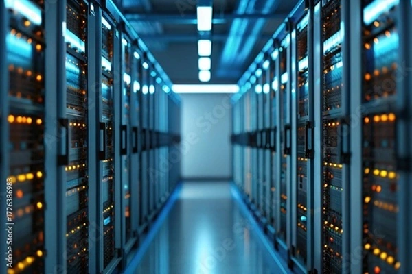 Obraz Explore a secure data center with rows of servers and bright lights offering reliable cloud storage and IT solutions for your growing technology business needs