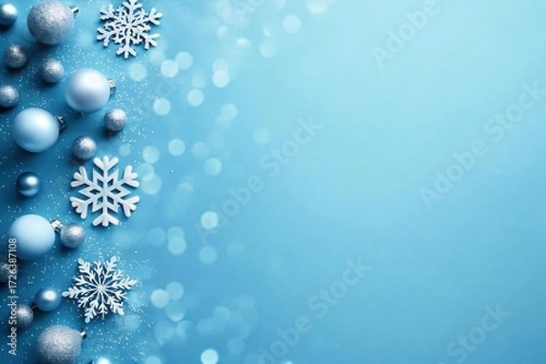 Obraz Celebrate the holidays with sparkling silver ornaments and delicate snowflakes on a cool blue background, perfect for winter promotions and elegant Christmas designs