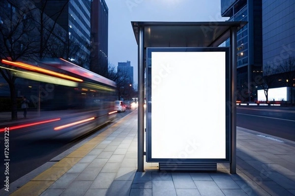 Obraz Showcase your brand with this stunning blank billboard at a bus stop in the vibrant city at twilight, perfect for your next impactful marketing campaign with high visibility and reach