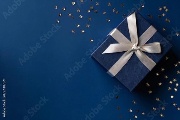 Obraz Elegant navy gift box with shimmering gold stars for birthdays and special occasions, perfect for holiday promotions, corporate gifting, or adding a touch of luxury to your designs