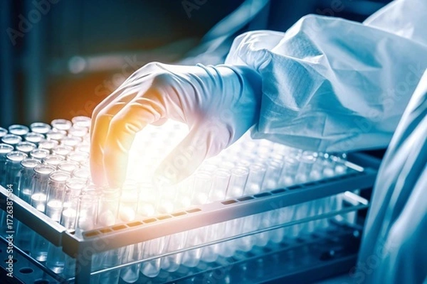 Obraz Scientist carefully examines test tubes in laboratory, advancing medical research with precision and expertise, driving innovation in healthcare and pharmaceutical industries