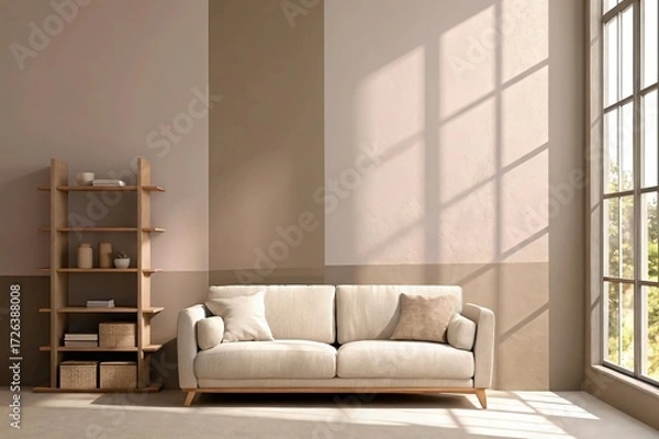 Obraz Experience calming comfort with this modern cream sofa and stylish shelving in a sunlit living room, perfect for creating a relaxing and inviting home interior design concept