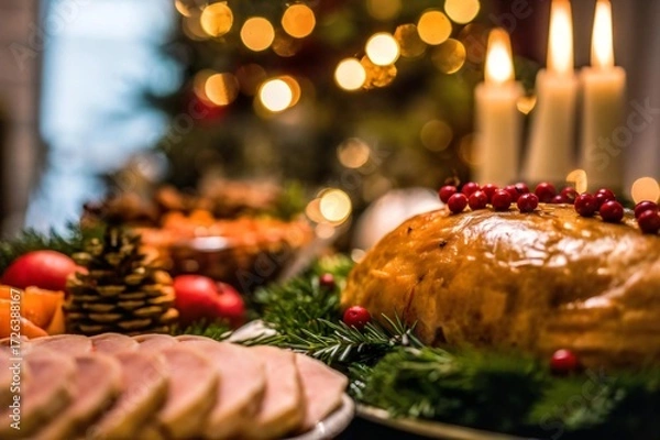 Obraz Celebrate Christmas with this stunning spread of holiday ham, cranberries, and festive decor, perfect for creating warm, joyful memories around the dinner table