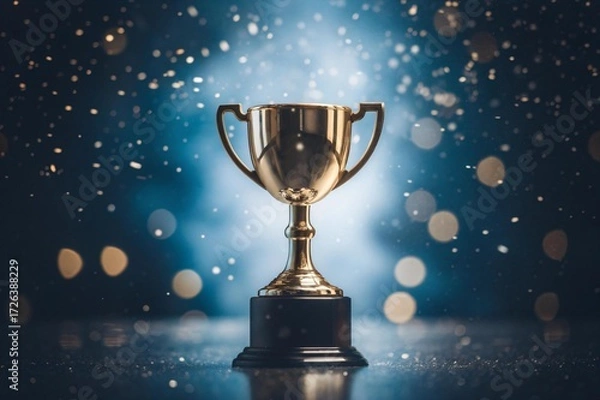 Obraz Celebrate extraordinary achievement with a stunning golden trophy shining against a festive bokeh background, perfect for symbolizing success, awards, and memorable milestones