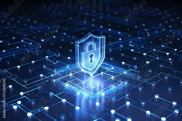 Obraz Cybersecurity shield with padlock protecting data on glowing circuit board, offering digital security solutions for online safety and peace of mind in the digital age