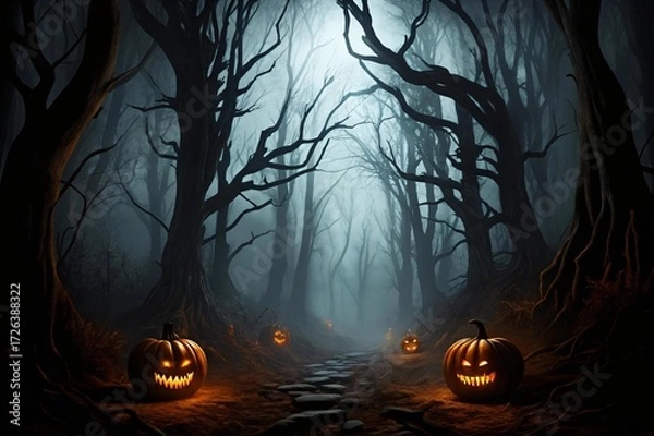 Obraz Experience the Thrill of Halloween Night with Glowing Pumpkins Lining a Spooky Forest Path - Perfect for Festive Designs and Creepy Season Celebrations
