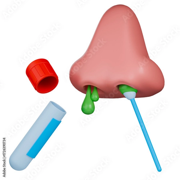 Fototapeta Nasal swab test 3d illustration. 3D medical illustration showing a runny nose being swabbed for a medical test.