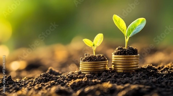 Fototapeta Young plants growing from stacks of coins on soil, symbolizing financial growth